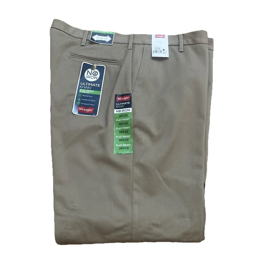 Wrangler No Iron Ultimate Khaki Straight Fit Comfort Pants Men's 38x29 NWT